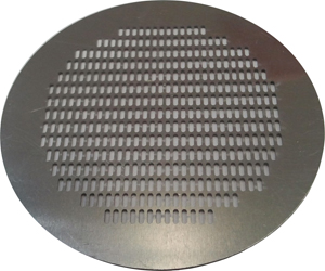 circular metal piece with rows of holes